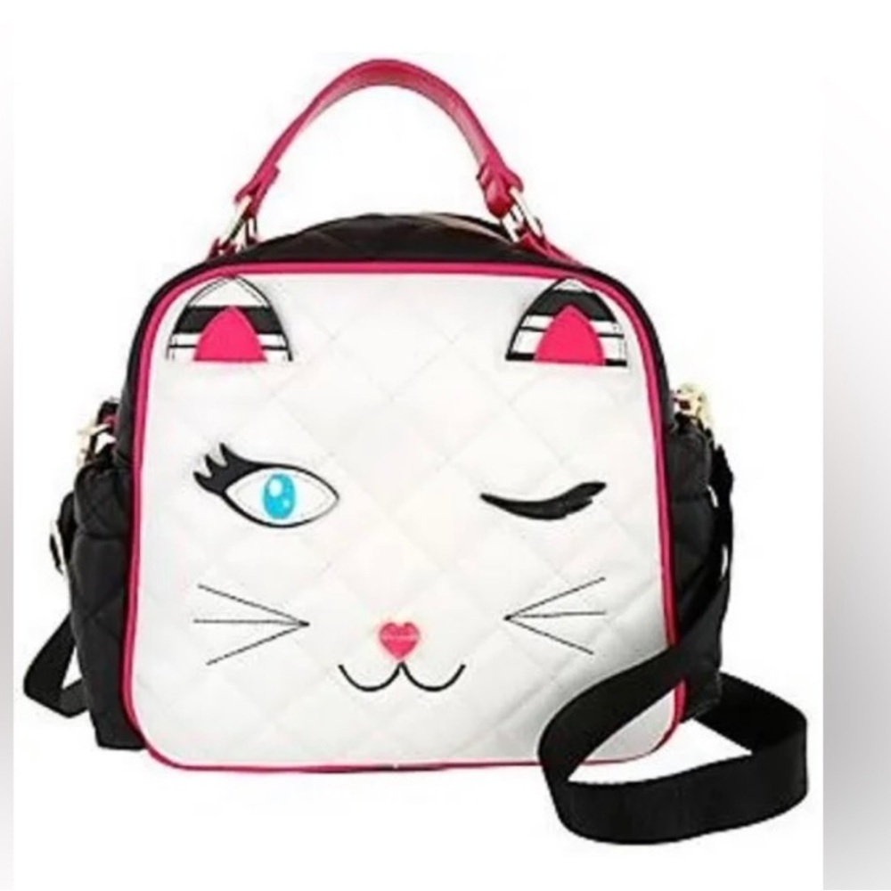 Betsey Johnson black and white quilted cat face insulated bag crossbody
